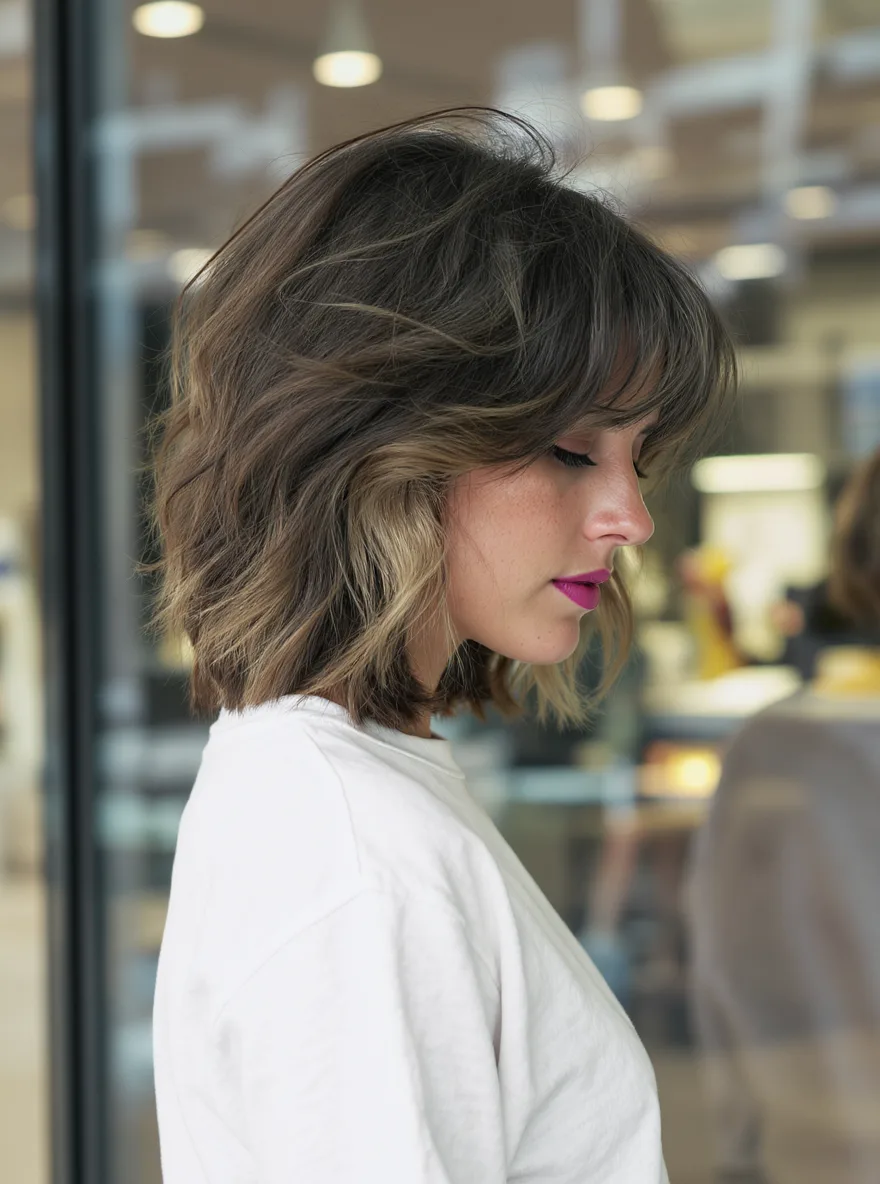 Shoulder-Length Layered Bob with Chestnut and Blonde Highlights